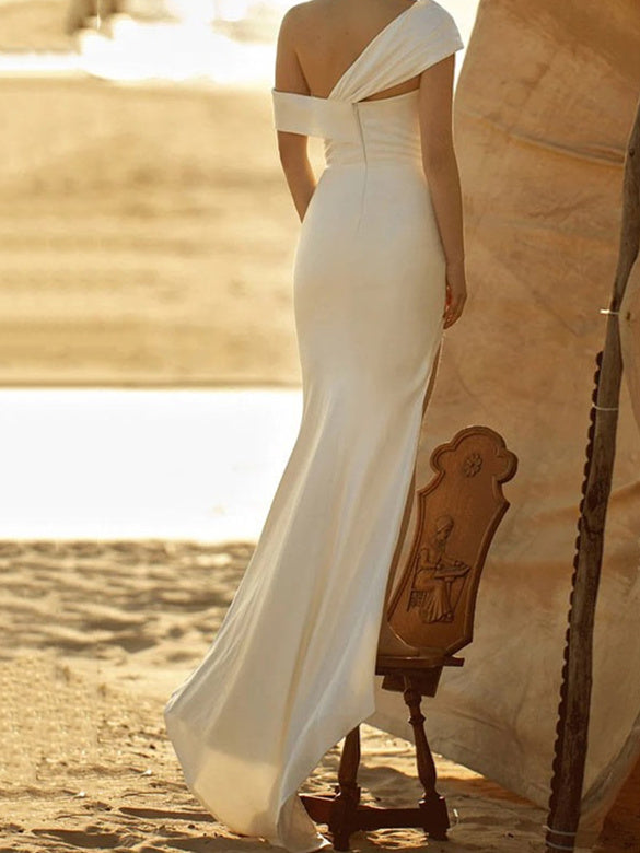 Robe de Mariée Fourreau/Colonne en Satin de Soie à Une Épaule avec Fente