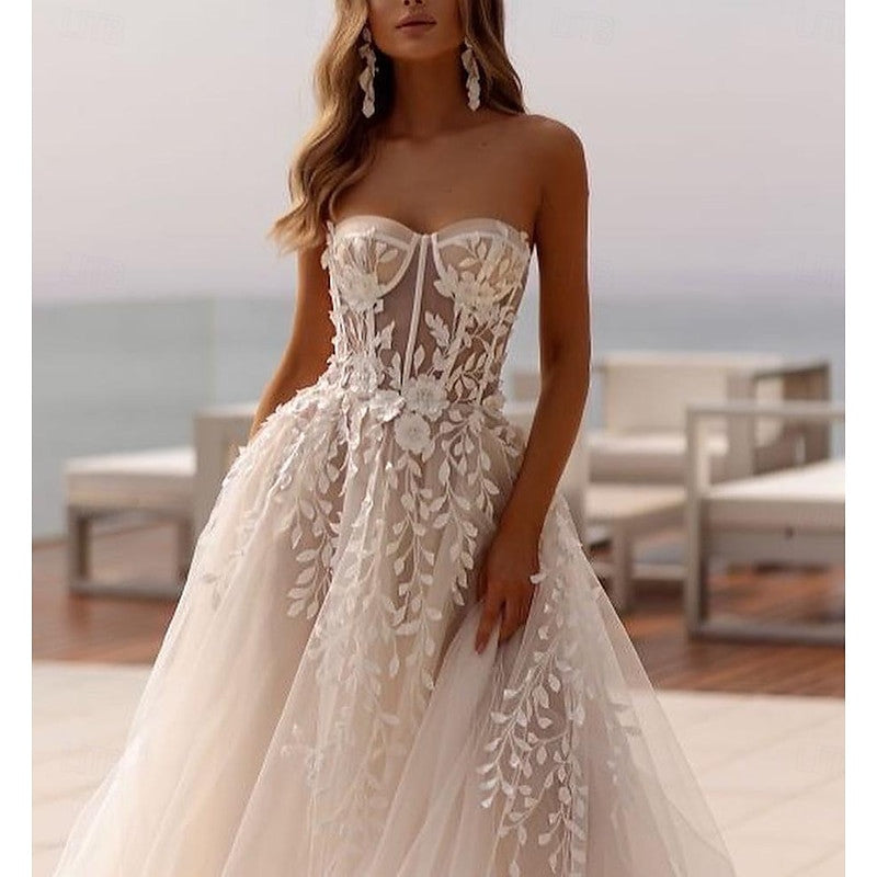 Robe de Mariée Trapèze/Princesse à Traîne en Cœur et à Balayage pour Mariage à la Plage