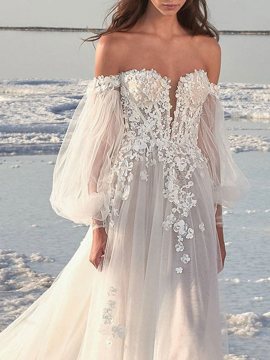 Robe de Mariée Trapèze/Princesse à Épaules Dénudées et Traîne pour Mariage Sur la Plage
