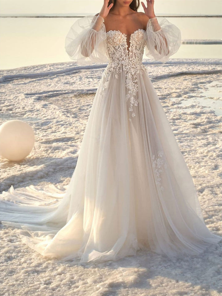 Robe de Mariée Trapèze/Princesse à Épaules Dénudées et Traîne pour Mariage Sur la Plage