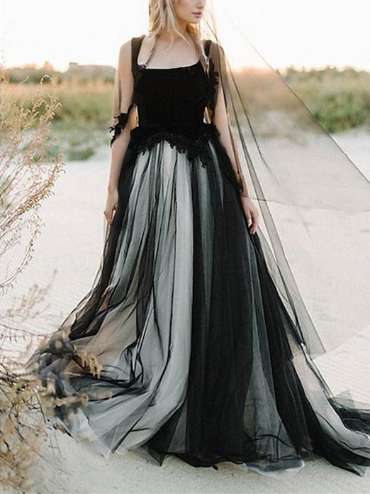 Robe de Mariée de Plage Coupe A-Line/Princesse, Col Carré, Bretelles Spaghetti, Sans Manches, avec Appliques