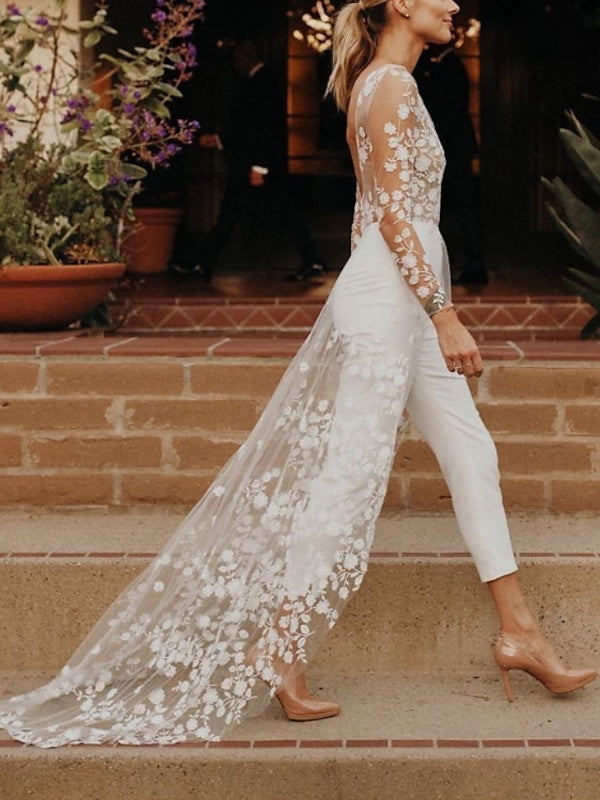 Styles de Costumes de Mariage à Manches Longues et à Col Rond avec Fleurs