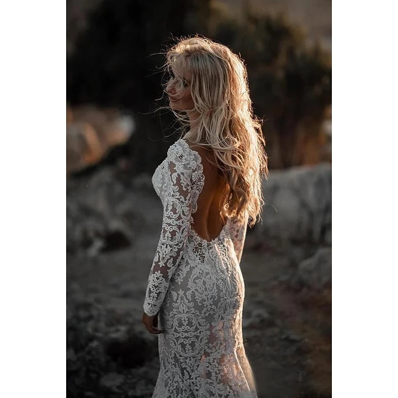 Robe de Mariée Sirène/Trompette à Col en V et Manches Longues avec Traîne et Appliques