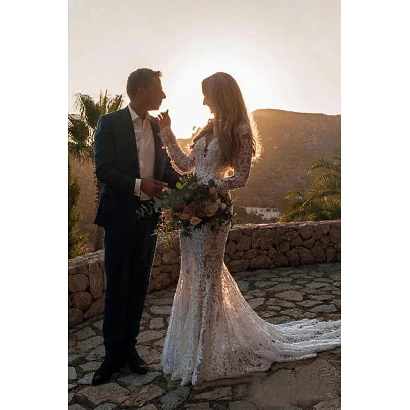 Robe de Mariée Sirène/Trompette à Col en V et Manches Longues avec Traîne et Appliques