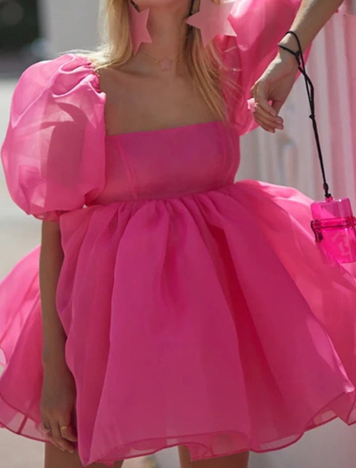 Robe D'Invitée de Mariage à Manches Courtes et Col Carré Robe Mi-Longue