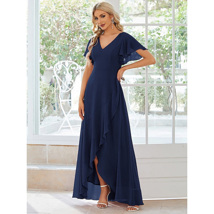 Robe de Mariée Asymétrique à Manches Courtes et Col en V de Forme Princesse