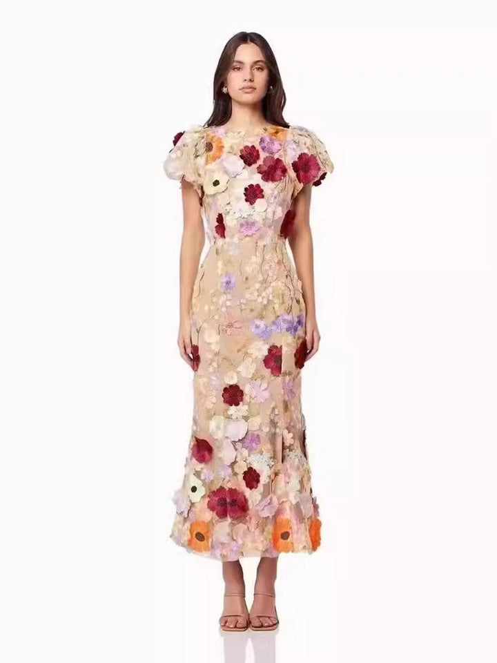 Robe D'Invitée de Mariage à Manches Courtes Sirène/Trompette avec Fleur