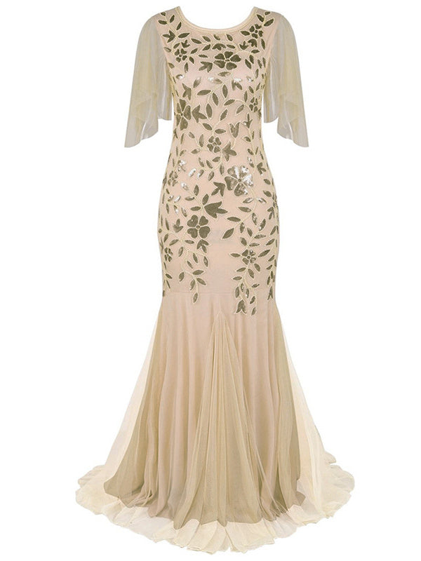 Robe Vintage Sirène/Trompette à Manches Courtes et Col Bijou avec Paillettes