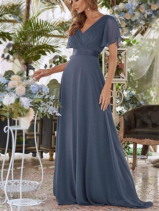 Robe de Mariée D'Invitée de Mariage Coupe A-Line/Princesse, Col en V, Manches Courtes, Longueur Au Sol