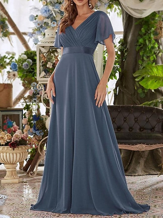 Robe de Mariée D'Invitée de Mariage Coupe A-Line/Princesse, Col en V, Manches Courtes, Longueur Au Sol