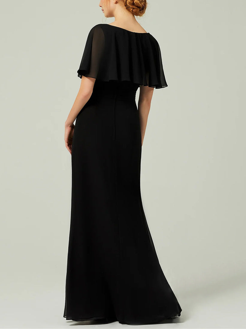 Robe D'Invitée de Mariage Fourreau/Colonne à Manches Courtes et Col en V, Longueur Au Sol