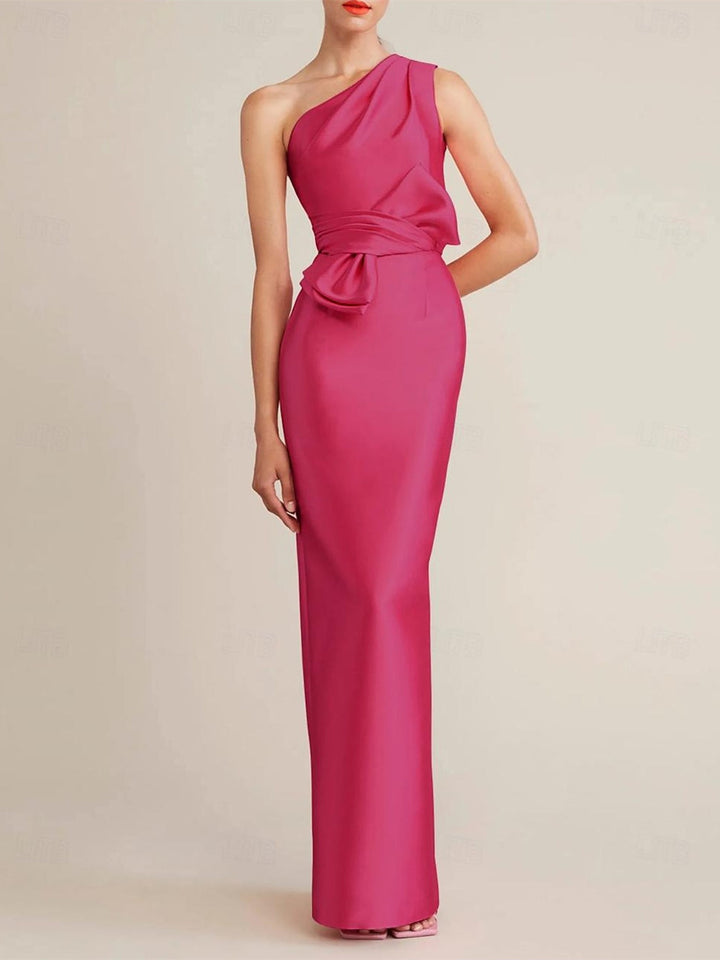 Robe D'Invitée de Mariage Fourreau/Colonne Longueur Au Sol Sans Manches Une Épaule en Satin avec Nœud(S) Poche