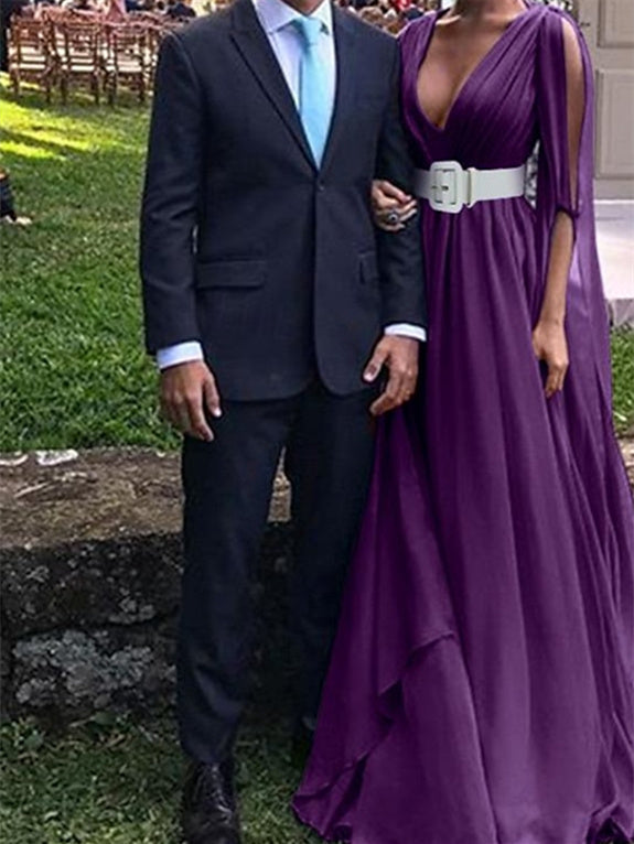 Robe de Mariée Coupe A-Line Longueur Au Sol, Manches Longues, Col en V, en Mousseline de Soie avec Ceinture