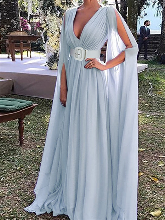 Robe de Mariée Coupe A-Line Longueur Au Sol, Manches Longues, Col en V, en Mousseline de Soie avec Ceinture