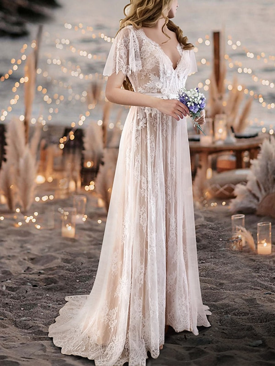 Robe de mariée bohème A-Ligne/Princesse, bustier, manches courtes, dentelle, plage, avec appliqués