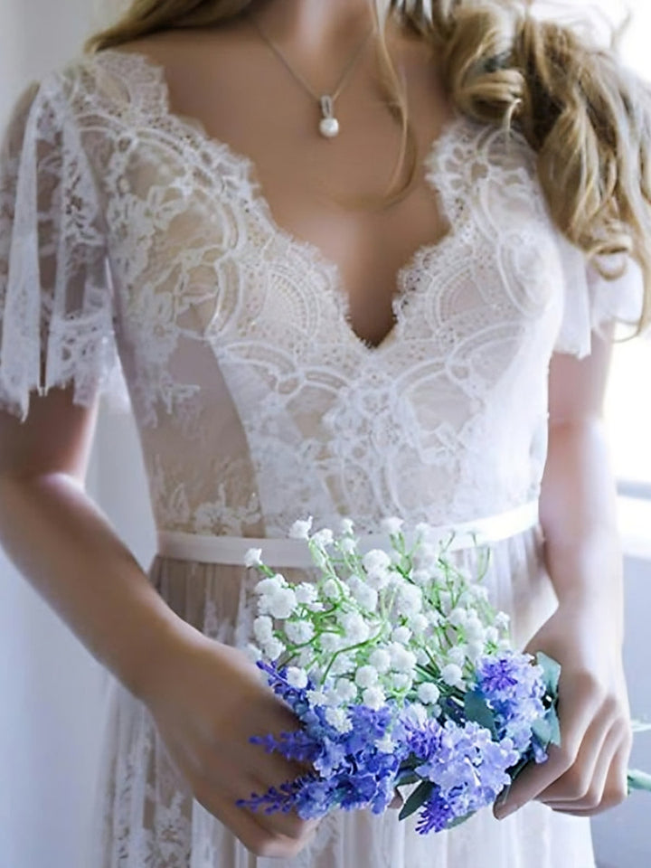 Robe de mariée bohème A-Ligne/Princesse, bustier, manches courtes, dentelle, plage, avec appliqués