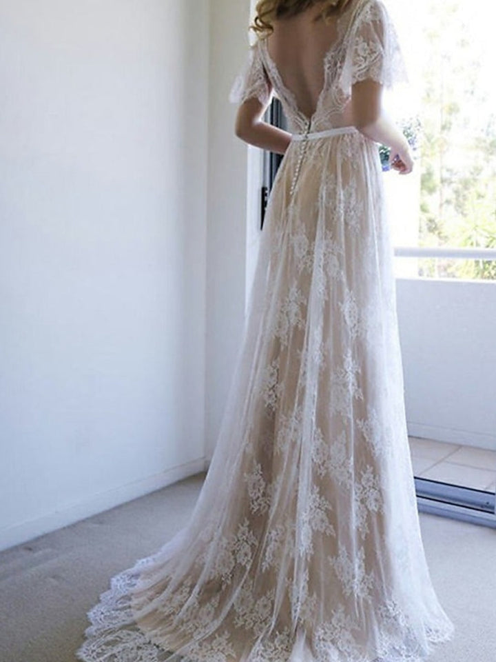 Robe de mariée bohème A-Ligne/Princesse, bustier, manches courtes, dentelle, plage, avec appliqués
