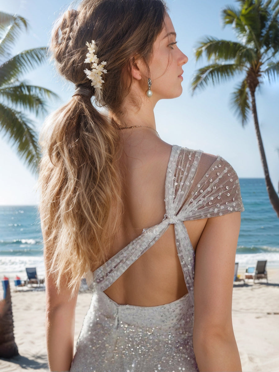 Robe de mariée blanche élégante fourreau, une épaule, sequins, fente haute
