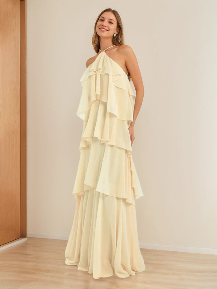Ligne A/Princesse Licou Sans Manches Sweet Wedding Guest Robe avec Opened Back & Froufrous