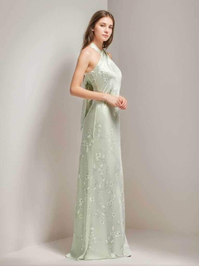 Gaine/Colonne Criss-cross Licou Ruché La Longueur du Sol Printed Floral Robes d'Invité de Mariage avec Self-tie Bow