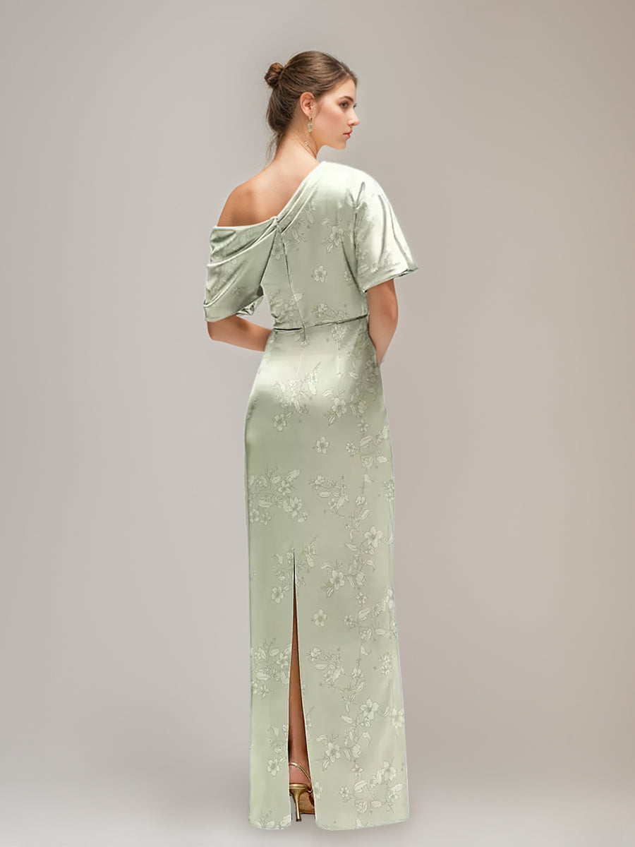 Gaine/Colonne Printed Floral Une Épaule Demi-manches Ruché Robes d'Invité de Mariage avec Slit