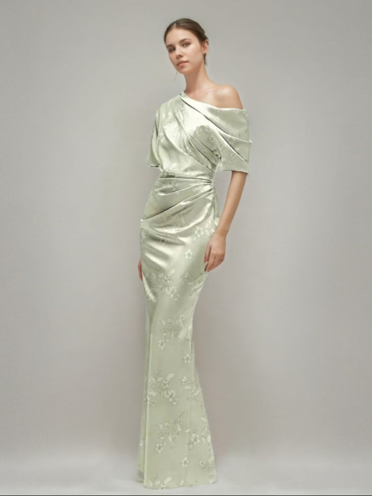 Gaine/Colonne Printed Floral Une Épaule Demi-manches Ruché Robes d'Invité de Mariage avec Slit