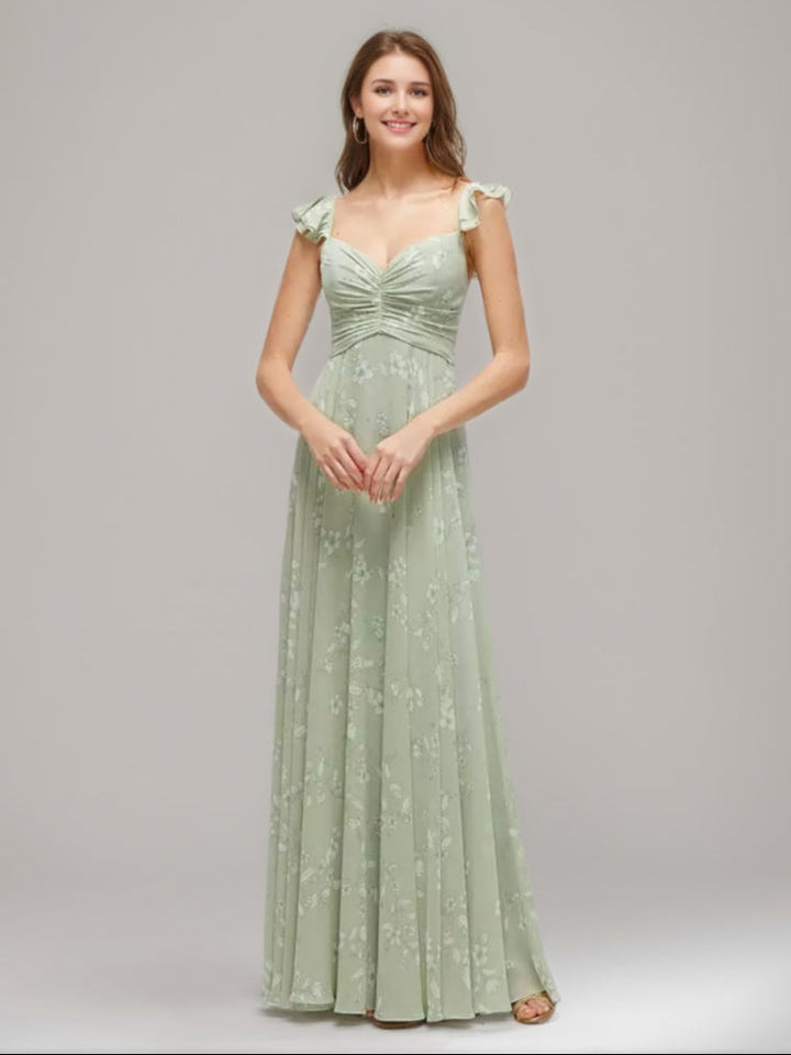 Gaine/Colonne La Longueur du Sol Ruché Printed Floral Robes d'Invité de Mariage avec Plis & Convertible Ébouriffer Les Bretelles