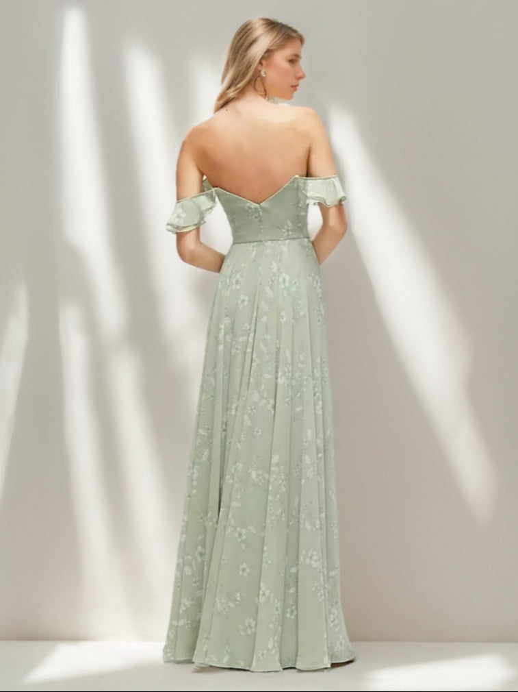 Gaine/Colonne La Longueur du Sol Ruché Printed Floral Robes d'Invité de Mariage avec Plis & Convertible Ébouriffer Les Bretelles