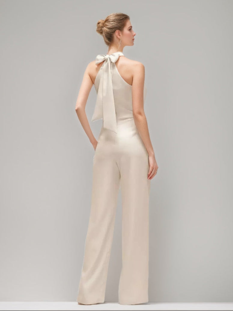 Criss-cross Licou Ruché Sans Manches Wedding Guest Jumpsuit avec Self-tie Bow & Les Poches