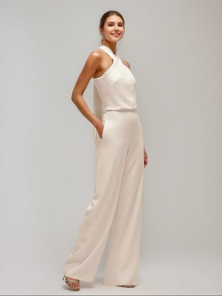 Criss-cross Licou Ruché Sans Manches Wedding Guest Jumpsuit avec Self-tie Bow & Les Poches