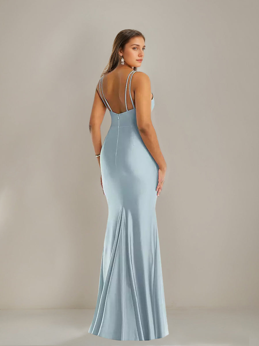 Trompette/Sirène Bretelles Spaghetti Deep Col en V Ruché Robes d'Invité de Mariage avec Plis & Slit