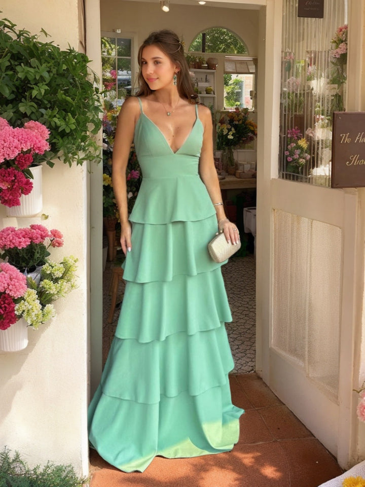 Ligne A/Princesse Bretelles Spaghetti Plunge Col en V La Longueur du Sol Robes d'Invité de Mariage avec Froufrous