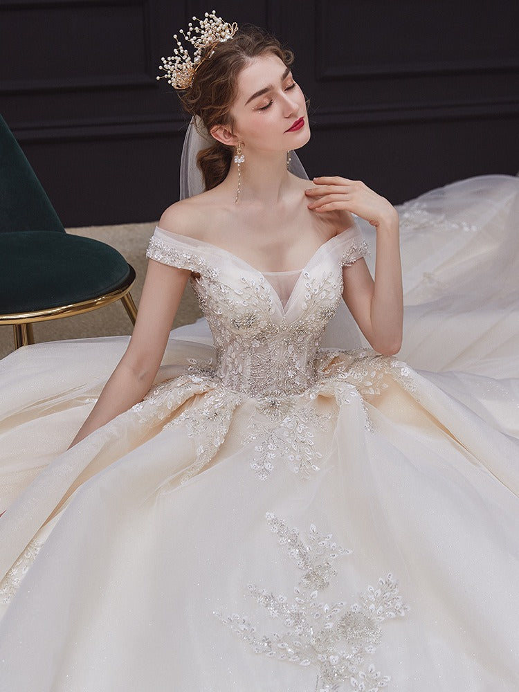 Robe De Bal Hors De L'épaule, Longueur Au Sol, Plissée, Avec Appliques En Dentelle