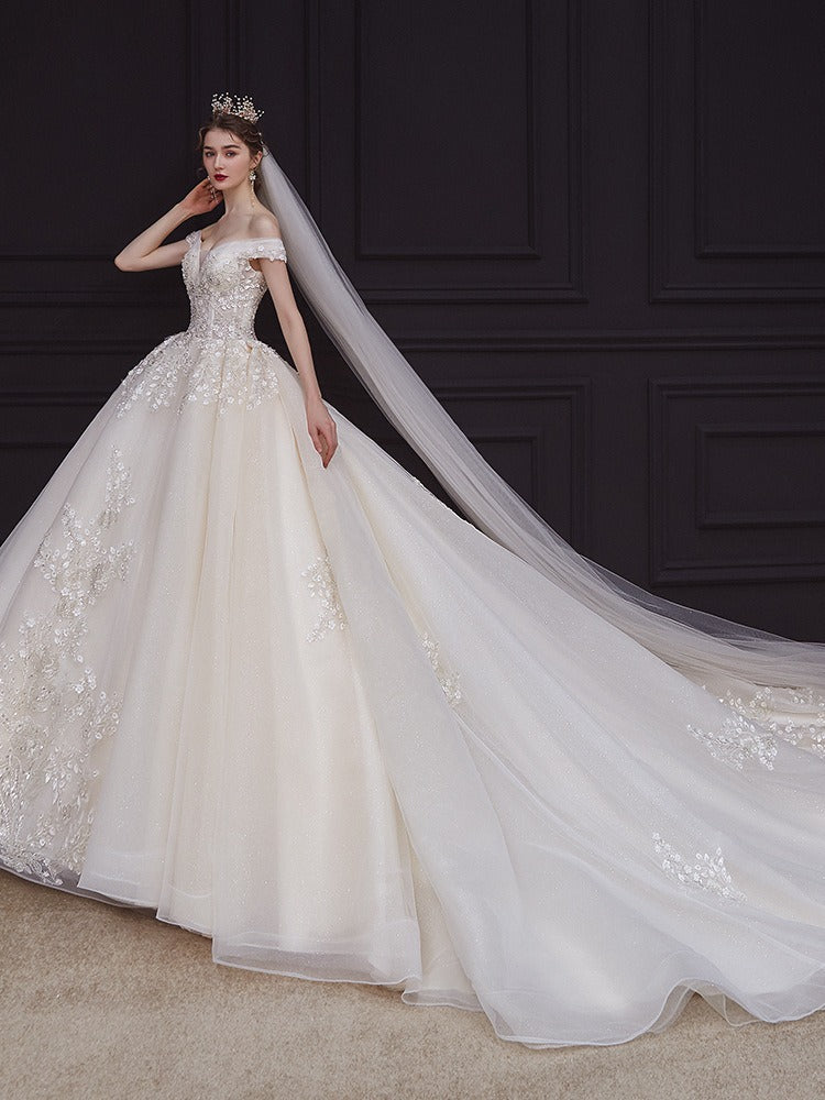 Robe De Bal Hors De L'épaule, Longueur Au Sol, Plissée, Avec Appliques En Dentelle