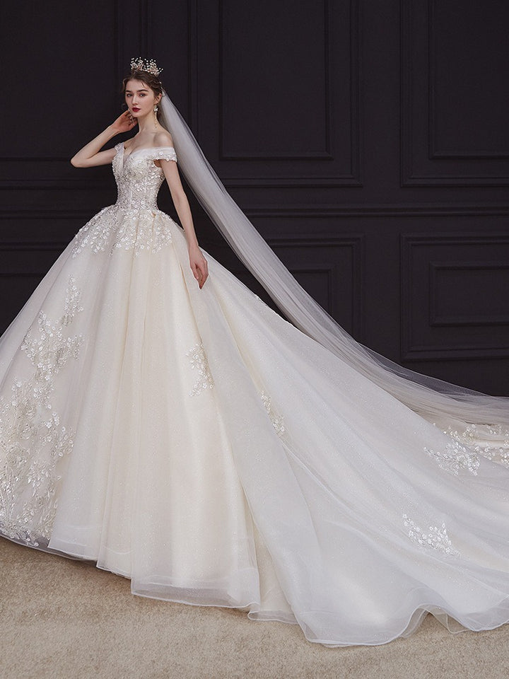Robe De Bal Hors De L'épaule, Longueur Au Sol, Plissée, Avec Appliques En Dentelle