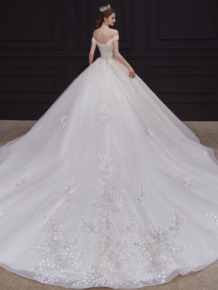 Robe De Bal Hors De L'épaule, Longueur Au Sol, Plissée, Avec Appliques En Dentelle