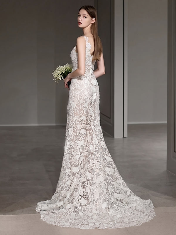 Robe De Mariée Coupe A/Princesse, Col Arrondi, Sans Manches, Traîne Légère, Avec Appliques En Dentelle
