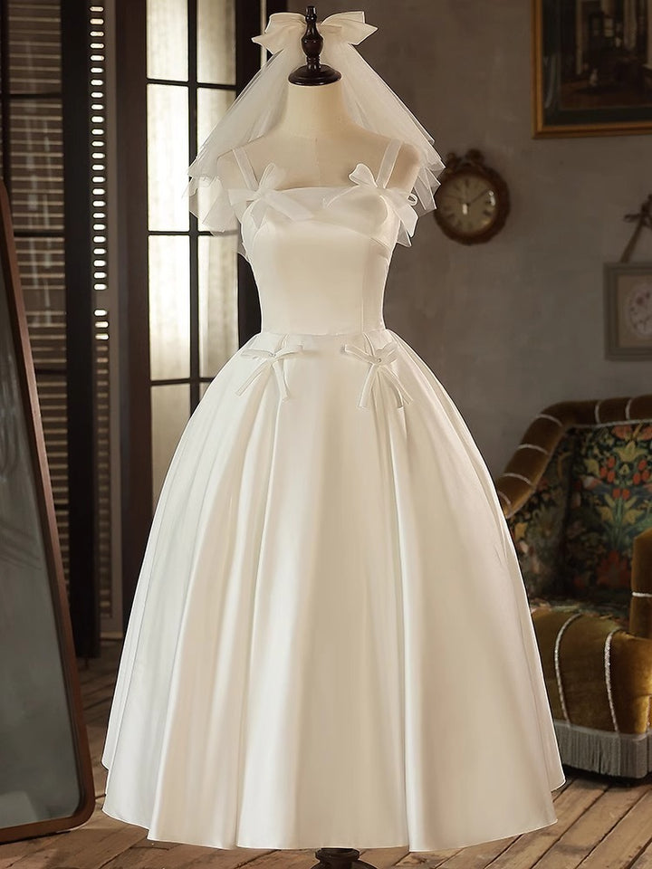 Robe De Mariée Coupe A/Princesse, Bretelles Fines, Sans Manches, Longueur Du Thé, Plissée, Avec Nœuds Et Laçage