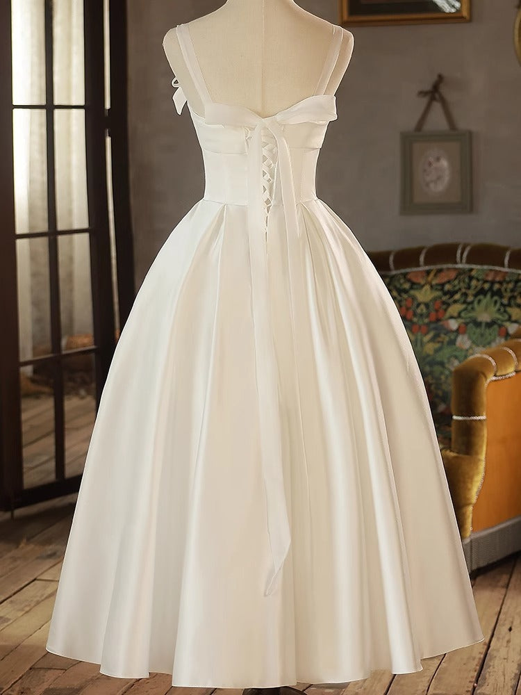 Robe De Mariée Coupe A/Princesse, Bretelles Fines, Sans Manches, Longueur Du Thé, Plissée, Avec Nœuds Et Laçage