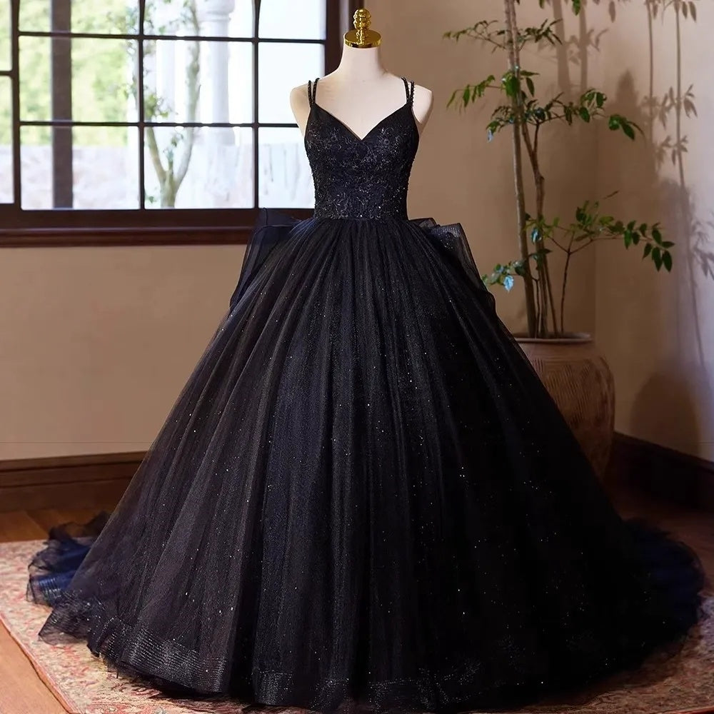 Robe De Bal À Doubles Bretelles Fines, Longueur Au Sol, Robe De Mariée Noire Avec Laçage Croisé