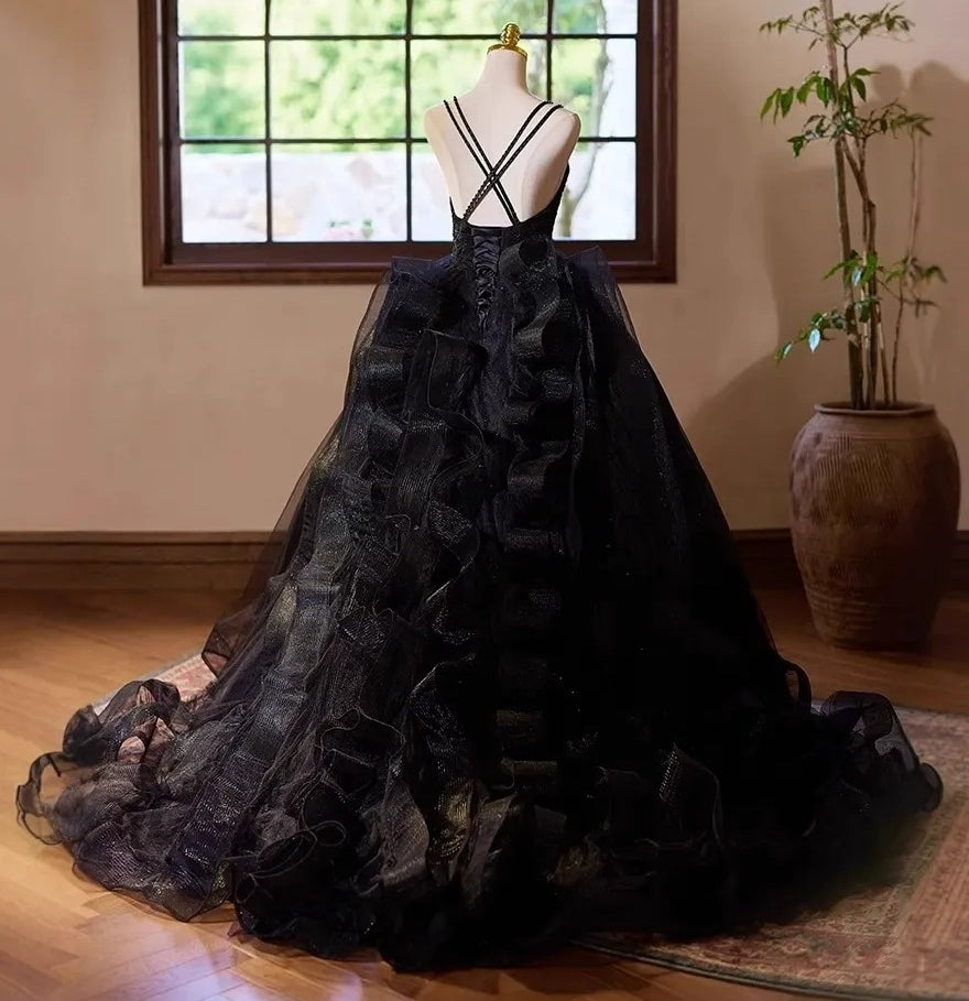 Robe De Bal À Doubles Bretelles Fines, Longueur Au Sol, Robe De Mariée Noire Avec Laçage Croisé
