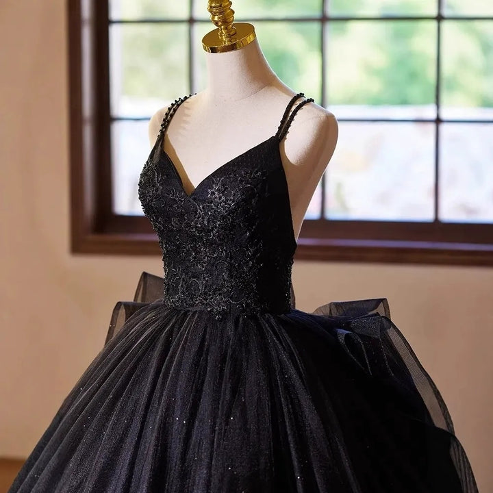Robe De Bal À Doubles Bretelles Fines, Longueur Au Sol, Robe De Mariée Noire Avec Laçage Croisé