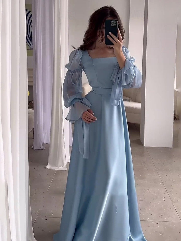 Ligne A/Princesse Carré Neck Manches Longues Robes d'Invité de Mariage avec Ceinture