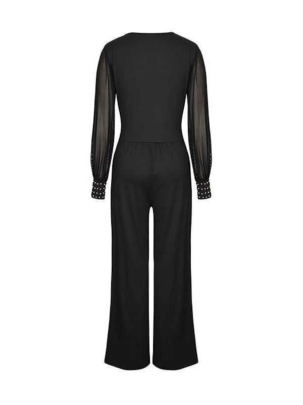 Col en V Manches Longues La Longueur du Sol Wedding Guest Jumpsuits avec Metallic Studs