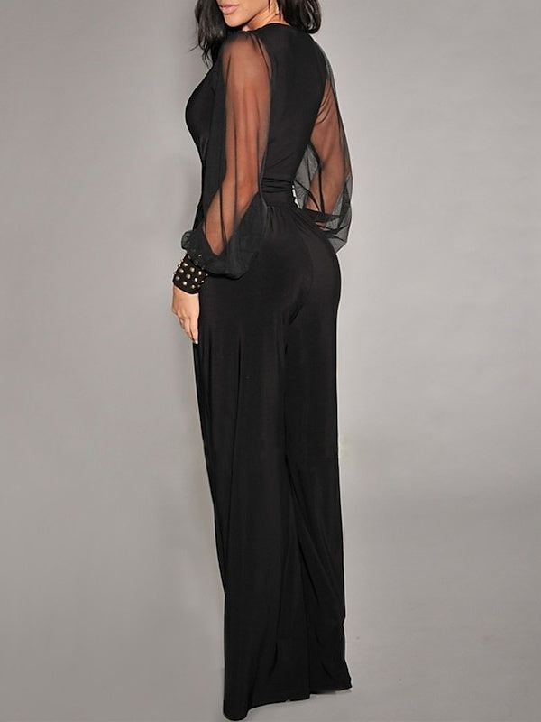 Col en V Manches Longues La Longueur du Sol Wedding Guest Jumpsuits avec Metallic Studs