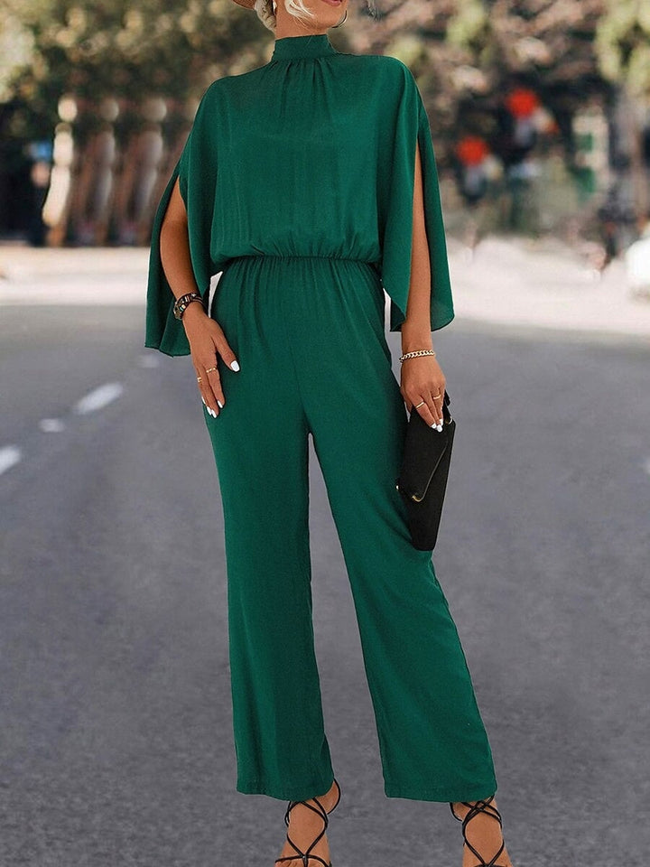 Col Haut Cape Sleeves Longueur de La Cheville Pleated Wedding Guest Jumpsuits avec Self-tie