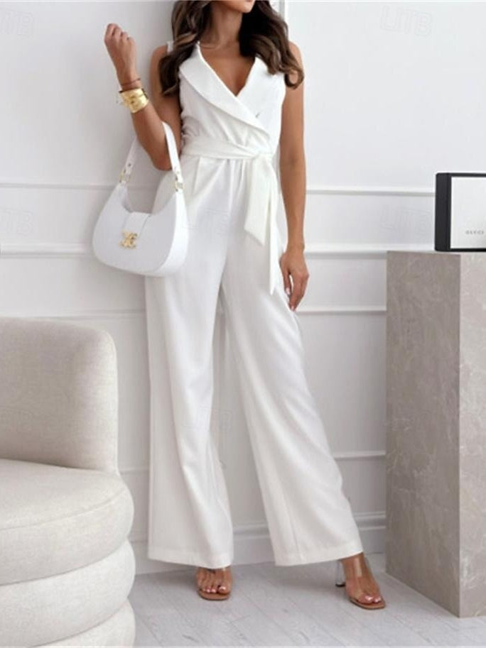 Col en V Sans Manches Longueur de La Cheville Ruché Wedding Guest Jumpsuits avec Self-tie Ceinture