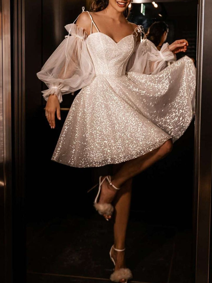 Robe De Mariée Forme A/Princesse, Bretelles Fines, Manches 3/4 Amovibles, Longueur Courte/Mini, À Paillettes