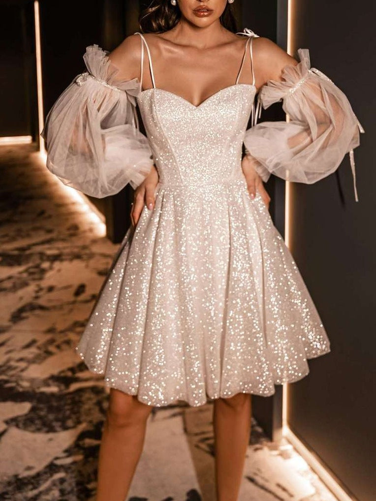 Robe De Mariée Forme A/Princesse, Bretelles Fines, Manches 3/4 Amovibles, Longueur Courte/Mini, À Paillettes