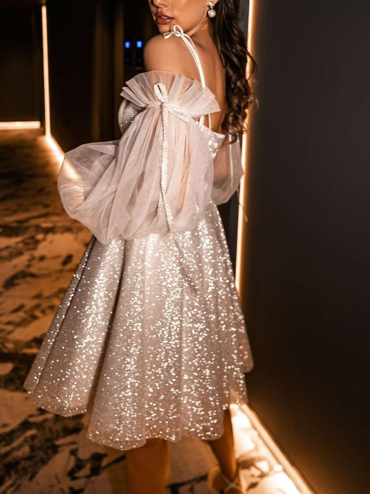 Robe De Mariée Forme A/Princesse, Bretelles Fines, Manches 3/4 Amovibles, Longueur Courte/Mini, À Paillettes